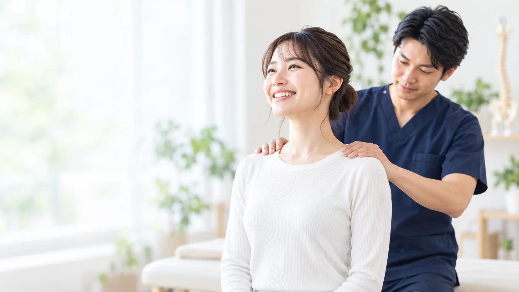 姿勢の整った女性と施術者